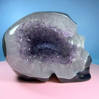 High Grade Amethyst + Agate Geode Skull Extra Large Carving (Video)
