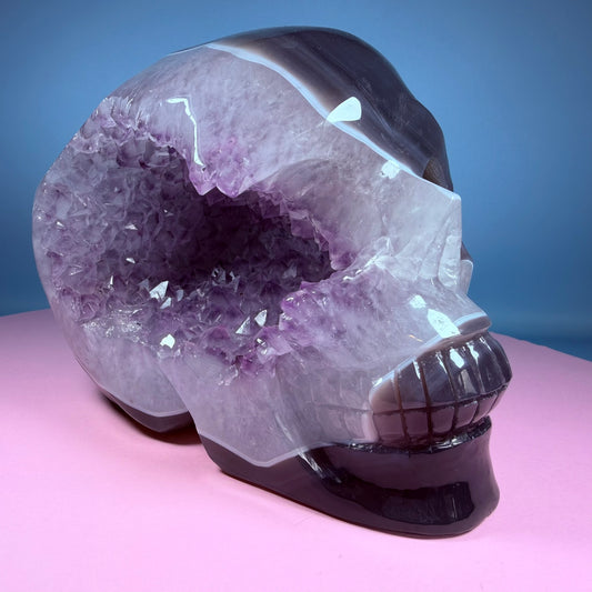 High Grade Amethyst + Agate Geode Skull Extra Large Carving (Video)