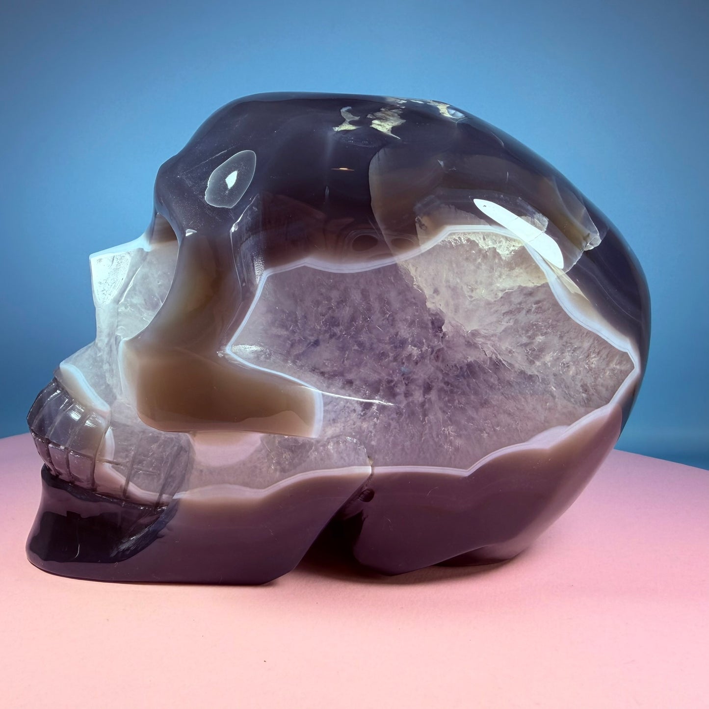 High Grade Amethyst + Agate Geode Skull Extra Large Carving (Video)