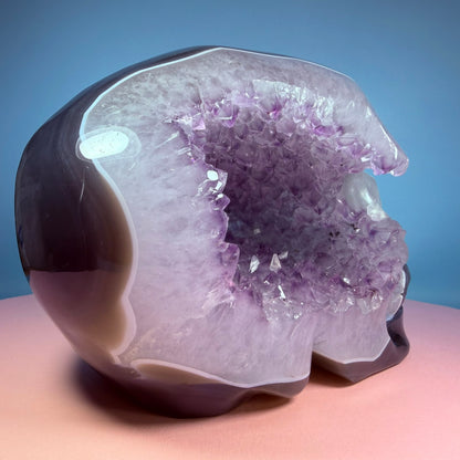 High Grade Amethyst + Agate Geode Skull Extra Large Carving (Video)