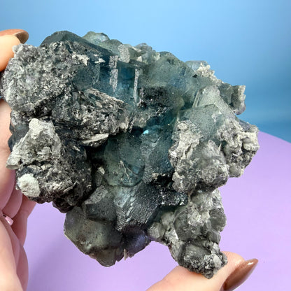 Octahedral Blue-Green Fluorite + Black Chalcedony Cluster Specimen, Fujian, China