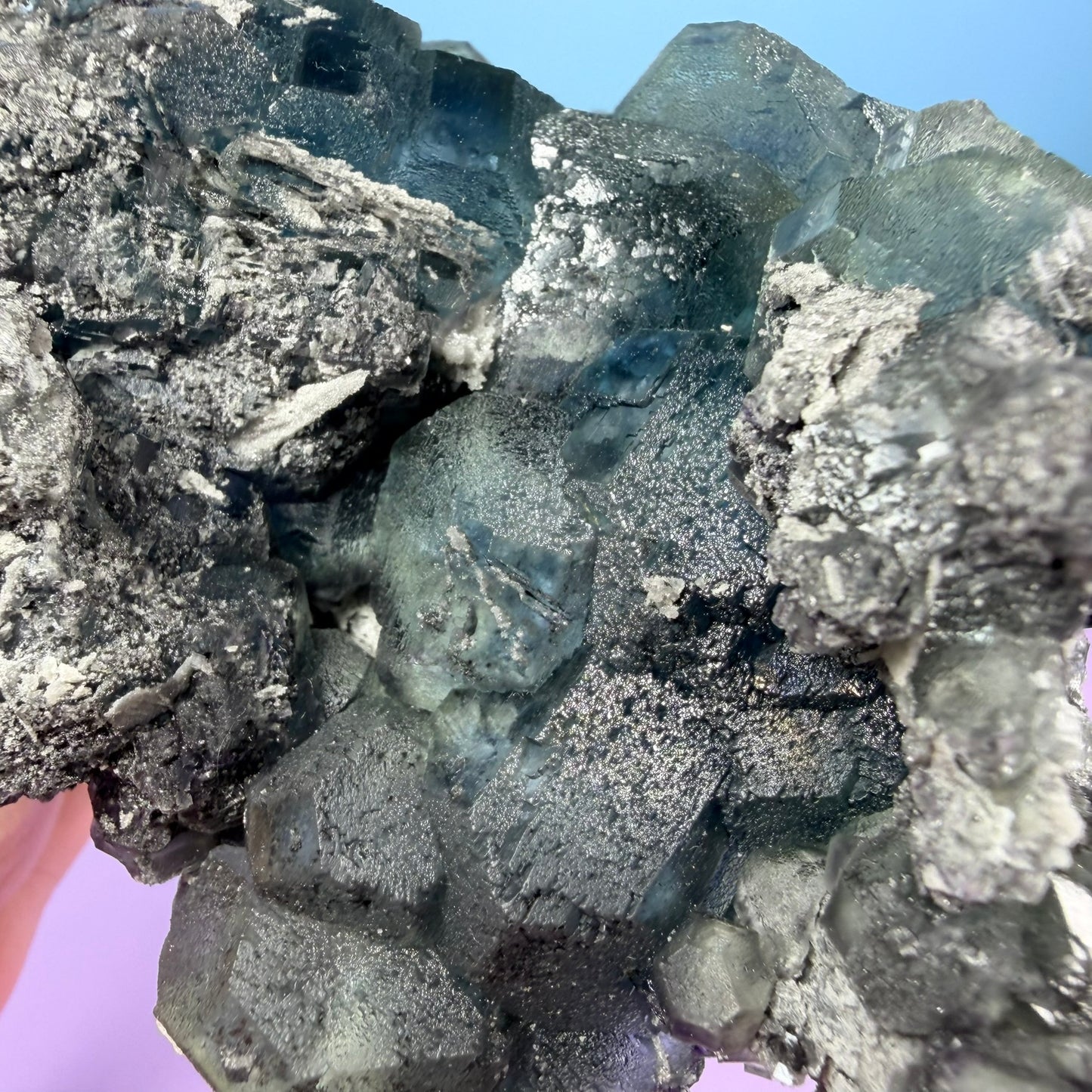 Octahedral Blue-Green Fluorite + Black Chalcedony Cluster Specimen, Fujian, China
