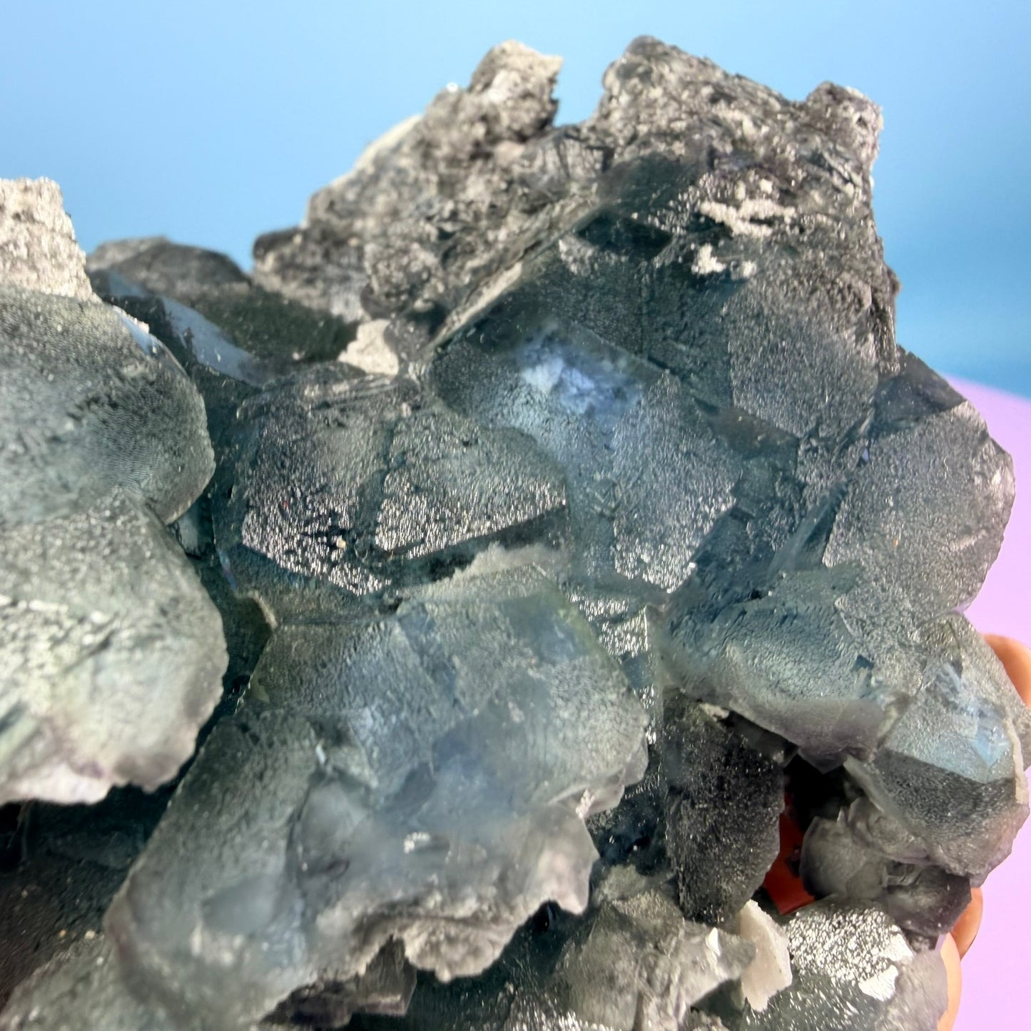 Octahedral Blue-Green Fluorite + Black Chalcedony Cluster Specimen, Fujian, China