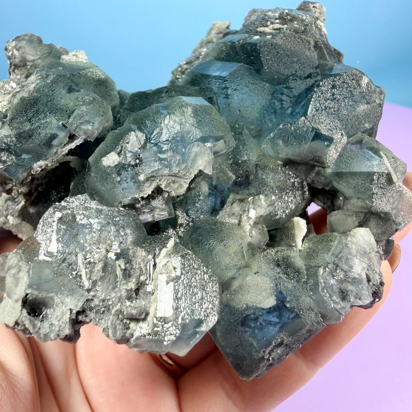 Octahedral Blue-Green Fluorite + Black Chalcedony Cluster Specimen, Fujian, China