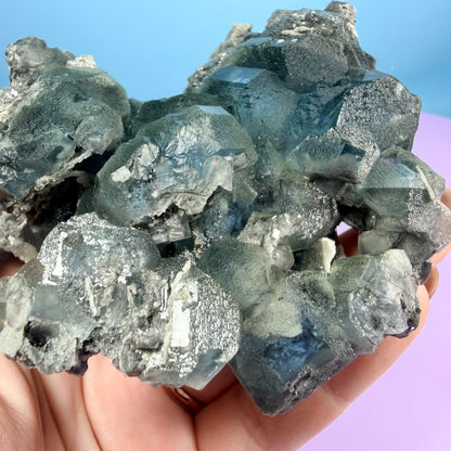 Octahedral Blue-Green Fluorite + Black Chalcedony Cluster Specimen, Fujian, China