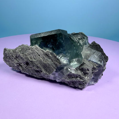 Octahedral Blue-Green Fluorite + Black Chalcedony Cluster Specimen, Fujian, China