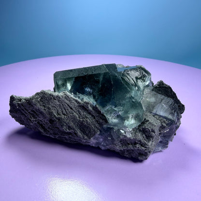 Octahedral Blue-Green Fluorite + Black Chalcedony Cluster Specimen, Fujian, China