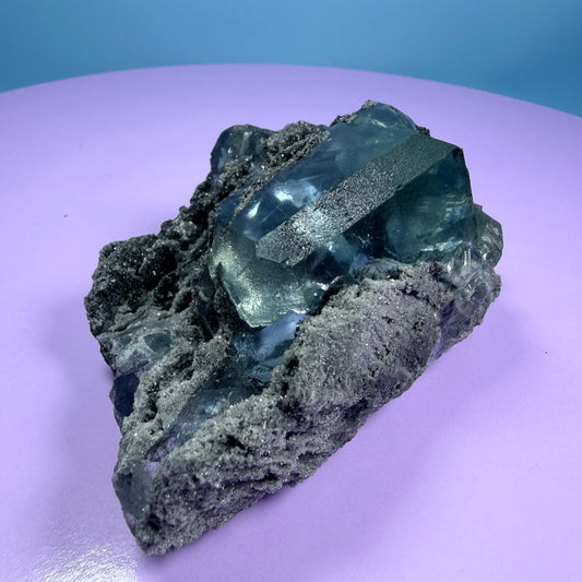 Octahedral Blue-Green Fluorite + Black Chalcedony Cluster Specimen, Fujian, China