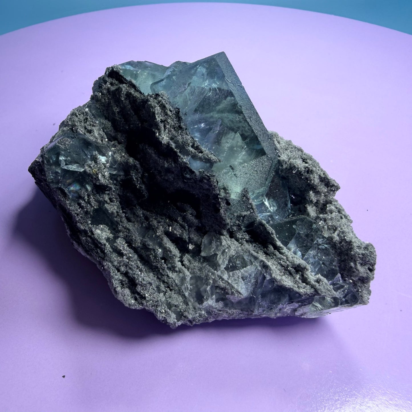 Octahedral Blue-Green Fluorite + Black Chalcedony Cluster Specimen, Fujian, China