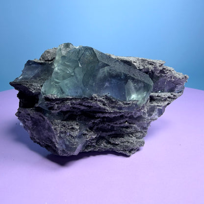 Octahedral Blue-Green Fluorite + Black Chalcedony Cluster Specimen, Fujian, China