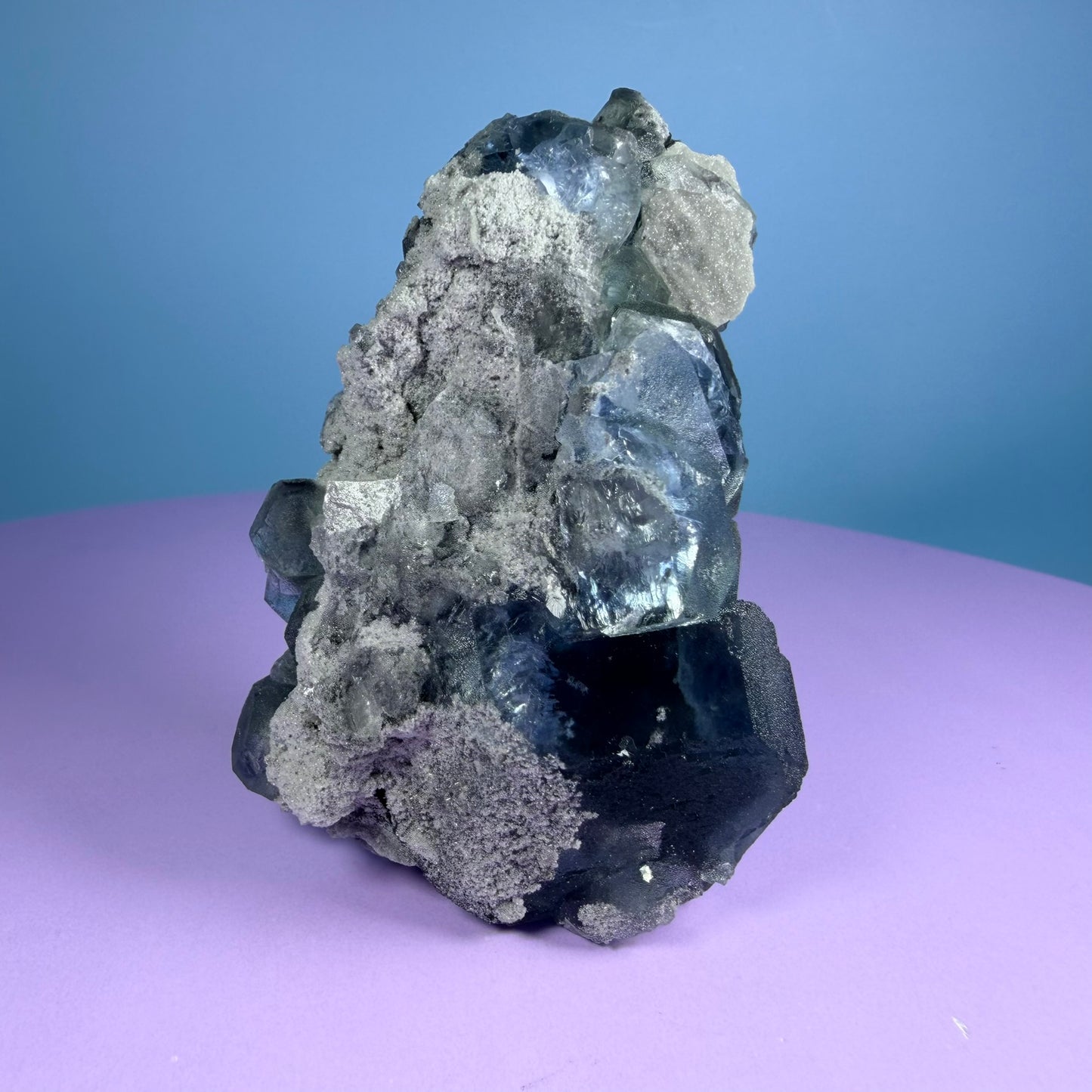 Octahedral Blue-Green Fluorite + Black Chalcedony Cluster Specimen, Fujian, China