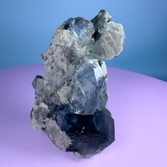 Octahedral Blue-Green Fluorite + Black Chalcedony Cluster Specimen, Fujian, China