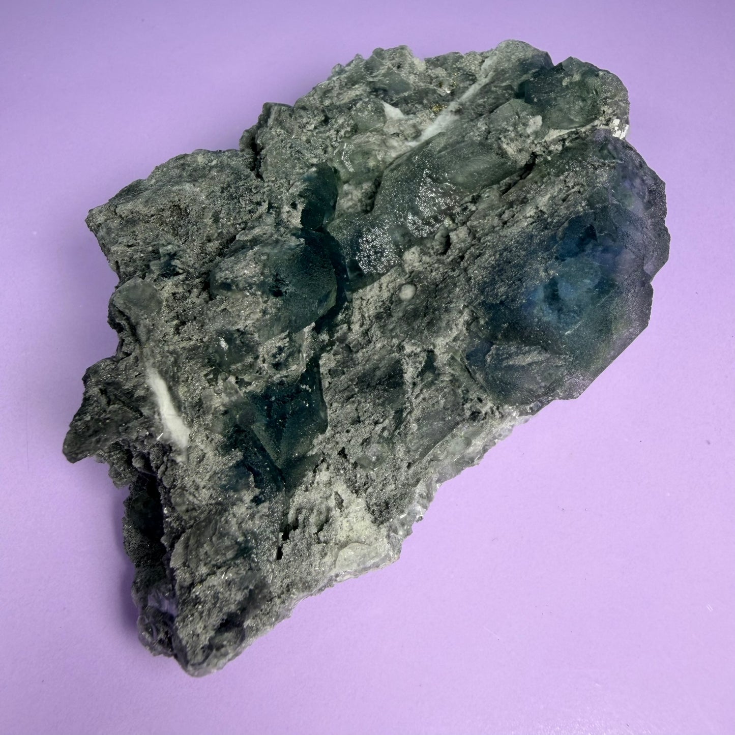 Octahedral Blue-Green Fluorite + Black Chalcedony Cluster Specimen, Fujian, China