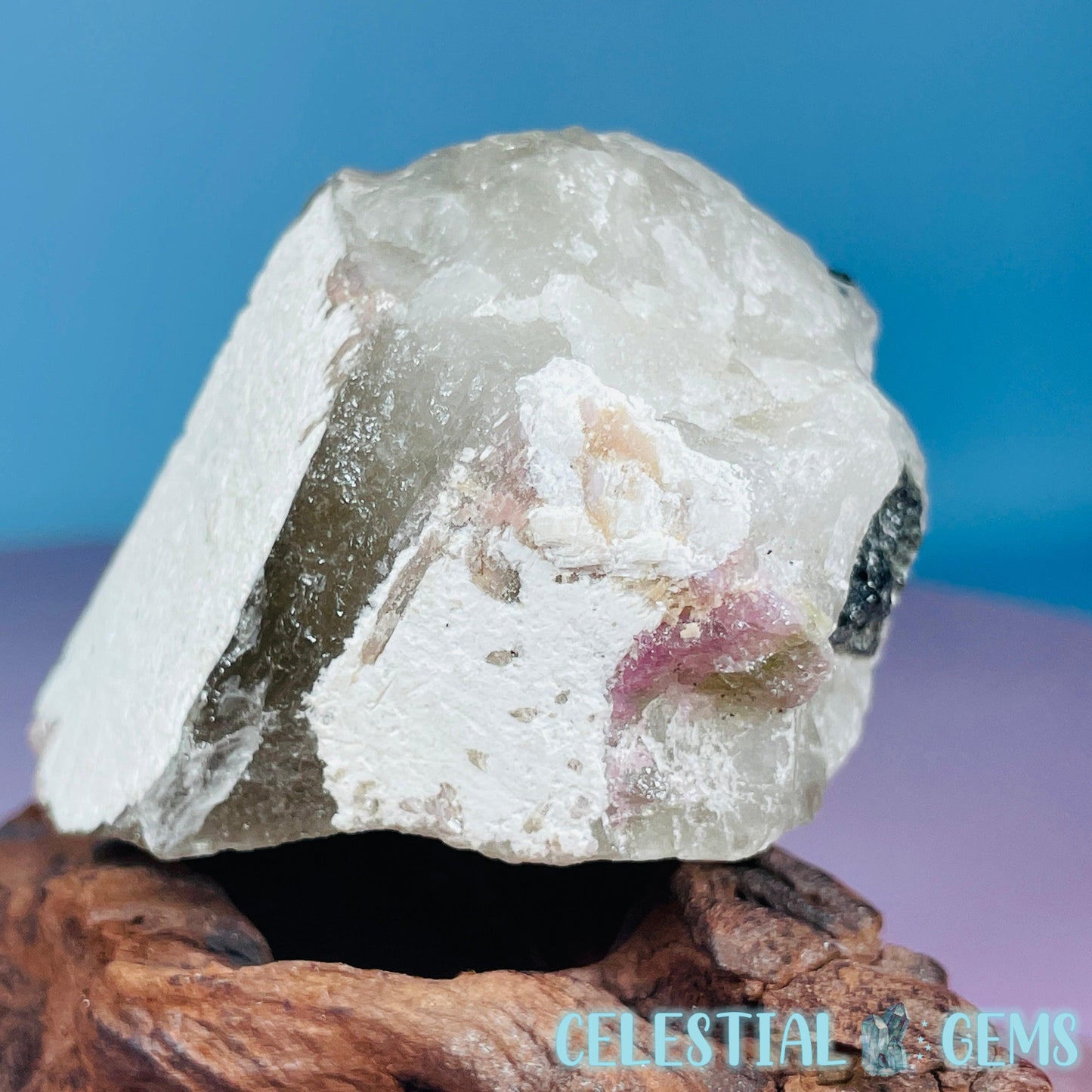 Pink,  Blue + Black Tourmaline in Citrine Quartz with Feldspar Raw Small Chunk Specimen