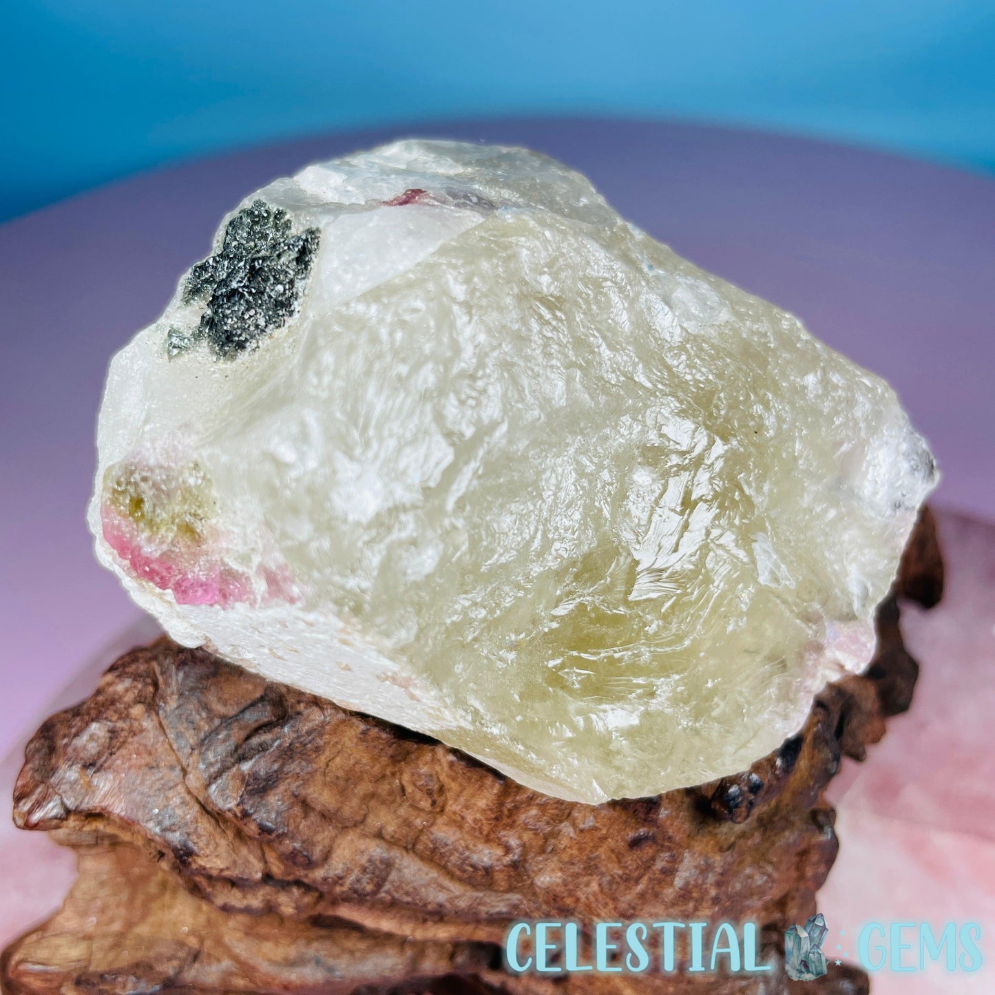 Pink,  Blue + Black Tourmaline in Citrine Quartz with Feldspar Raw Small Chunk Specimen