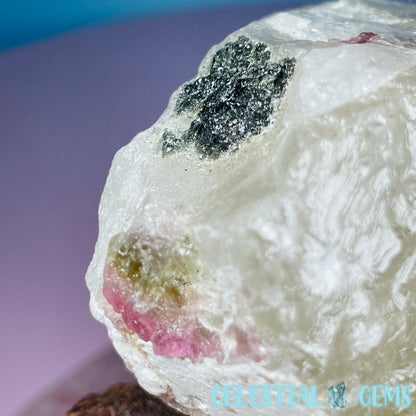 Pink,  Blue + Black Tourmaline in Citrine Quartz with Feldspar Raw Small Chunk Specimen