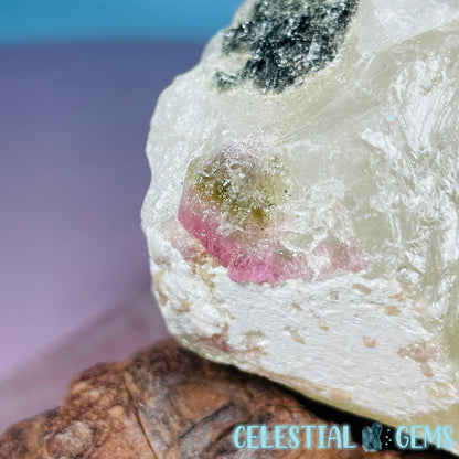 Pink,  Blue + Black Tourmaline in Citrine Quartz with Feldspar Raw Small Chunk Specimen