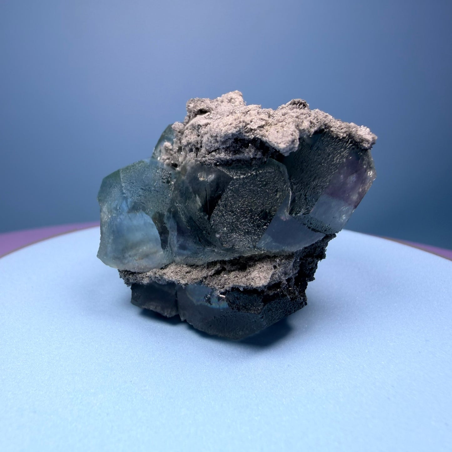 Octahedral Blue-Green Fluorite + Black Chalcedony Cluster Specimen, Fujian, China