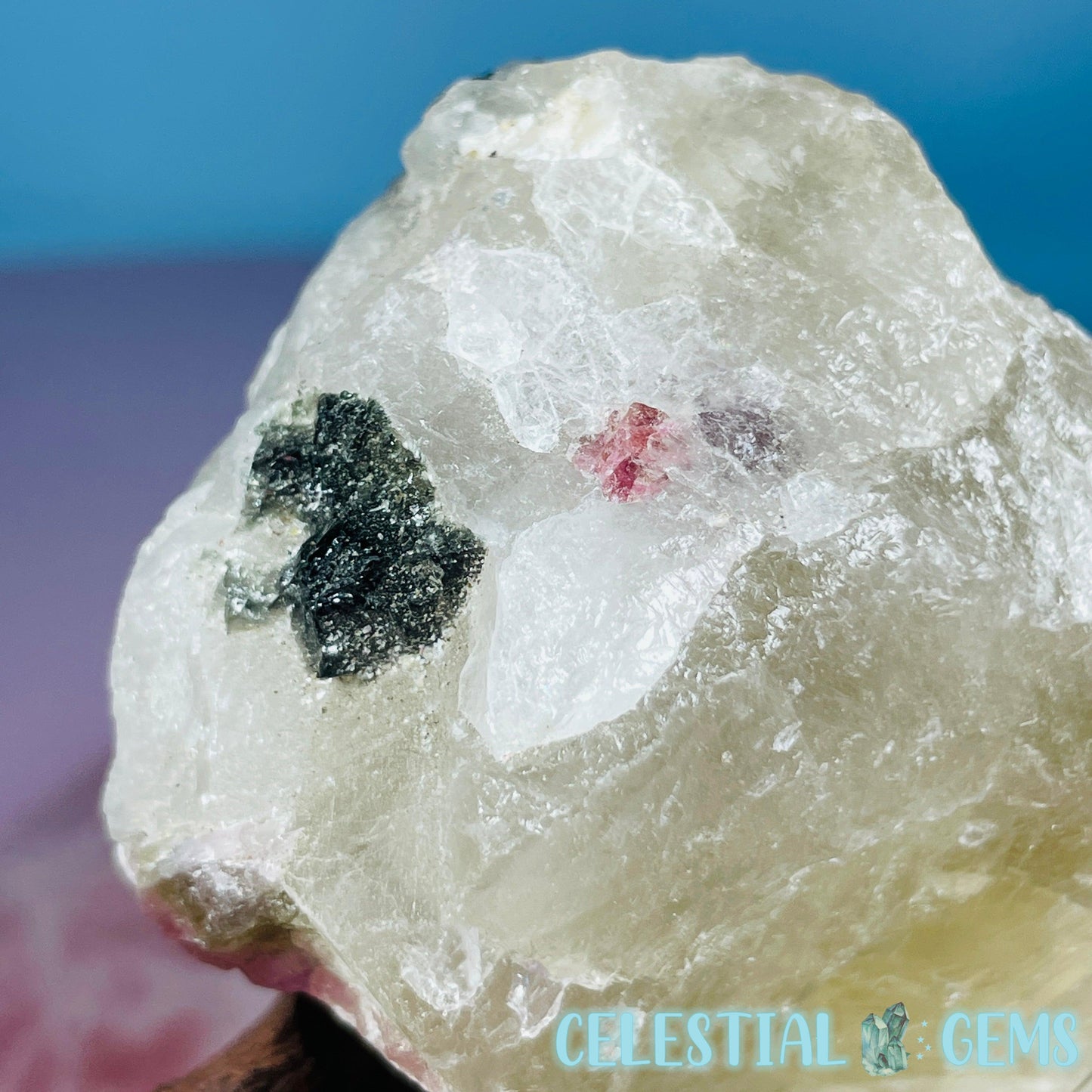 Pink,  Blue + Black Tourmaline in Citrine Quartz with Feldspar Raw Small Chunk Specimen