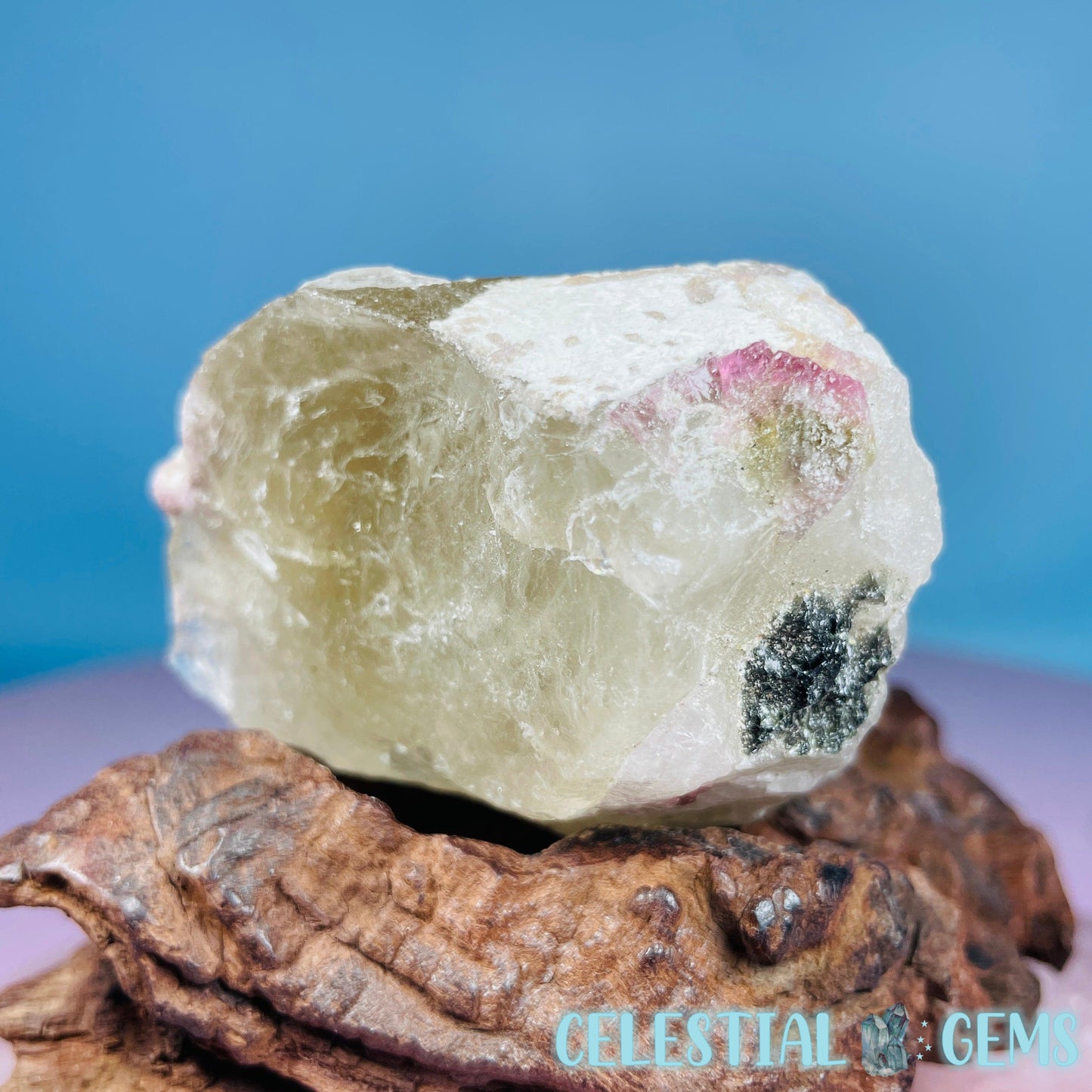 Pink,  Blue + Black Tourmaline in Citrine Quartz with Feldspar Raw Small Chunk Specimen