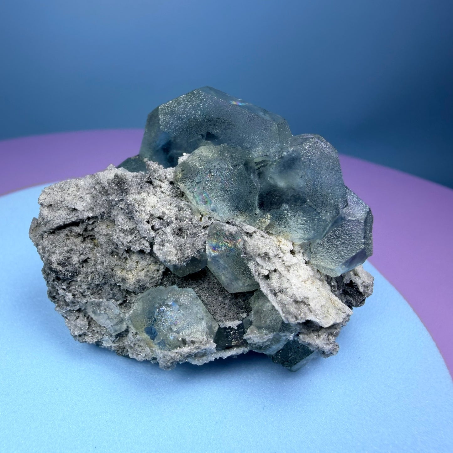 Octahedral Blue-Green Fluorite + Black Chalcedony Cluster Specimen, Fujian, China