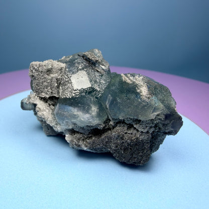 Octahedral Blue-Green Fluorite + Black Chalcedony Cluster Specimen, Fujian, China