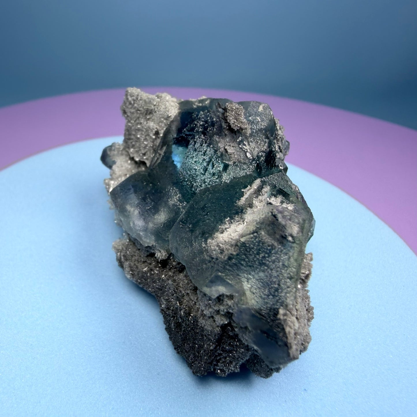 Octahedral Blue-Green Fluorite + Black Chalcedony Cluster Specimen, Fujian, China