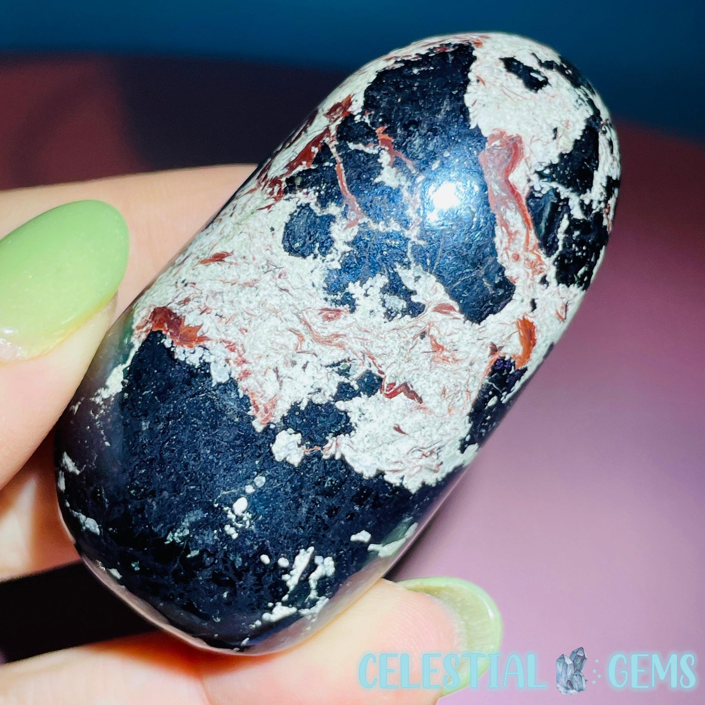 Rare Covellite Metallic Palmstone with Pink Fire Flash! (Video)