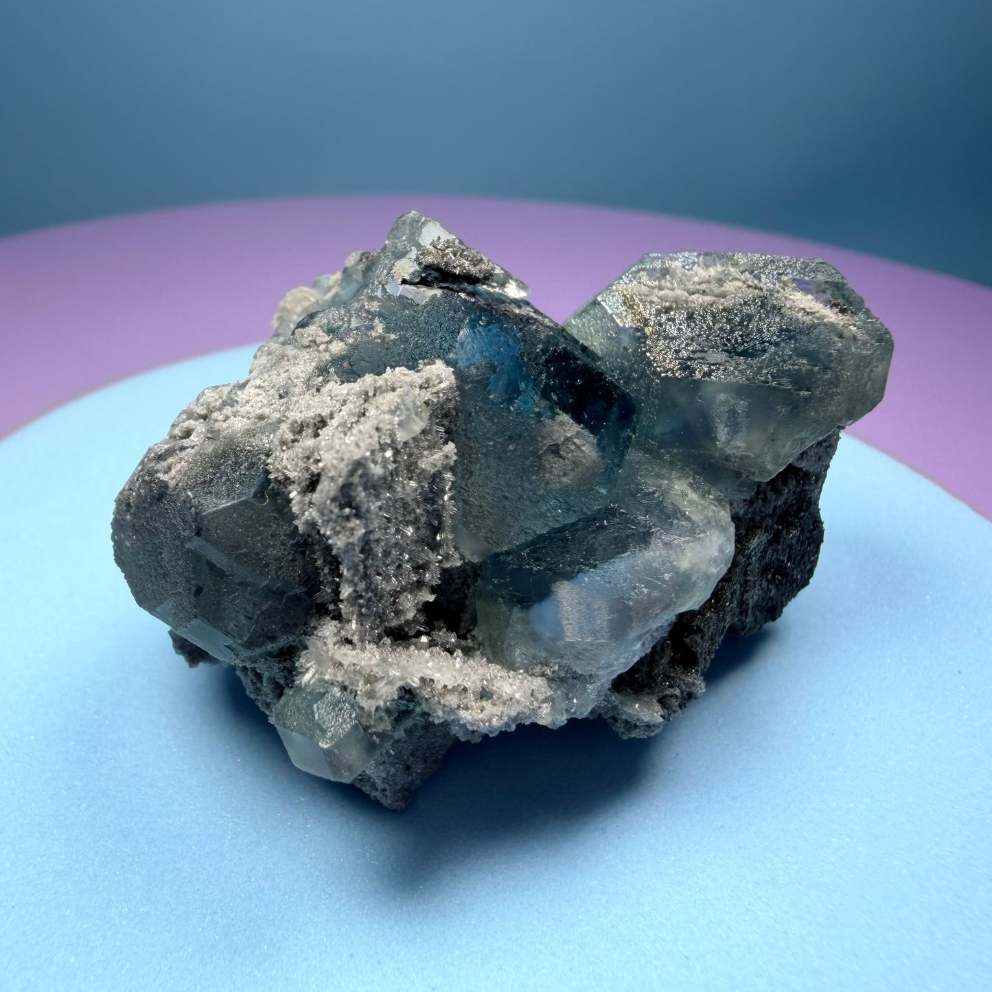 Octahedral Blue-Green Fluorite + Black Chalcedony Cluster Specimen, Fujian, China