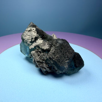 Octahedral Blue-Green Fluorite + Black Chalcedony Cluster Specimen, Fujian, China