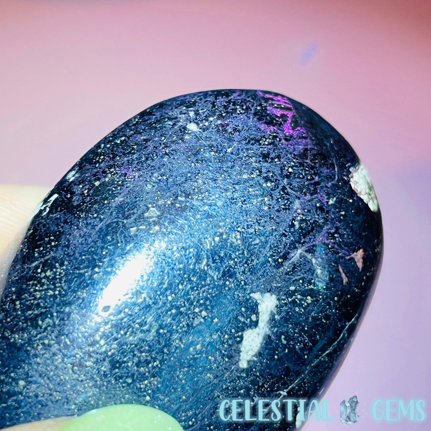 Rare Covellite Metallic Palmstone with Pink Fire Flash! (Video)