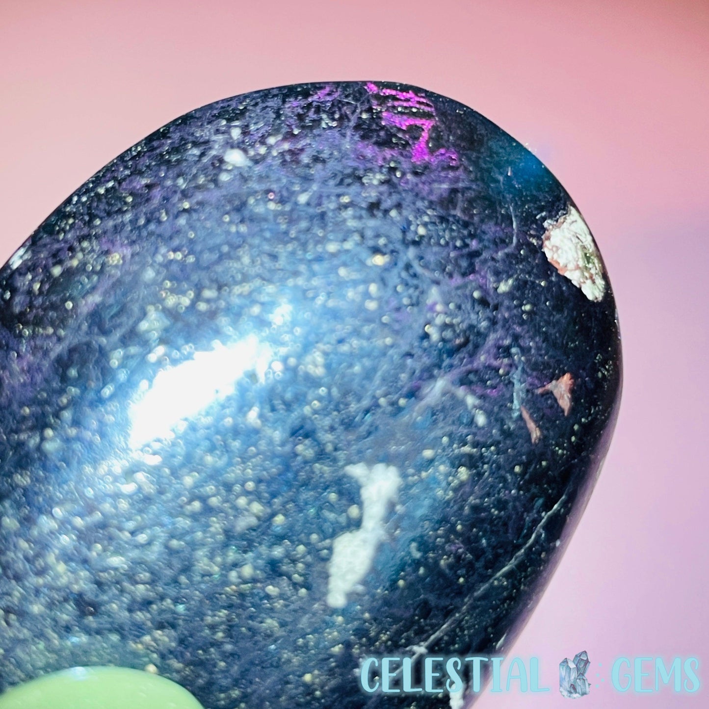 Rare Covellite Metallic Palmstone with Pink Fire Flash! (Video)