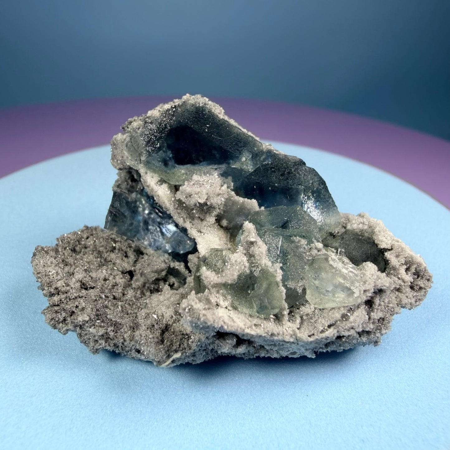 Octahedral Blue-Green Fluorite + Black Chalcedony Cluster Specimen, Fujian, China