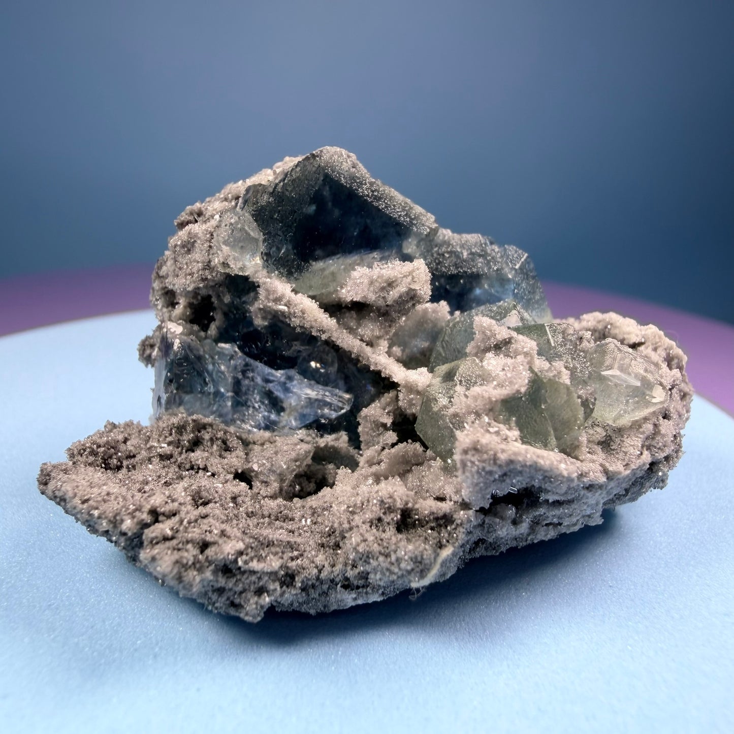 Octahedral Blue-Green Fluorite + Black Chalcedony Cluster Specimen, Fujian, China