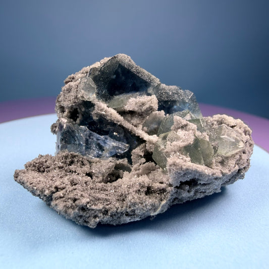 Octahedral Blue-Green Fluorite + Black Chalcedony Cluster Specimen, Fujian, China