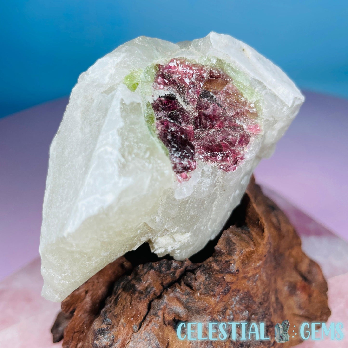 Watermelon (Green + Pink) Tourmaline in Smoky Quartz with Albite Raw Medium Chunk Specimen