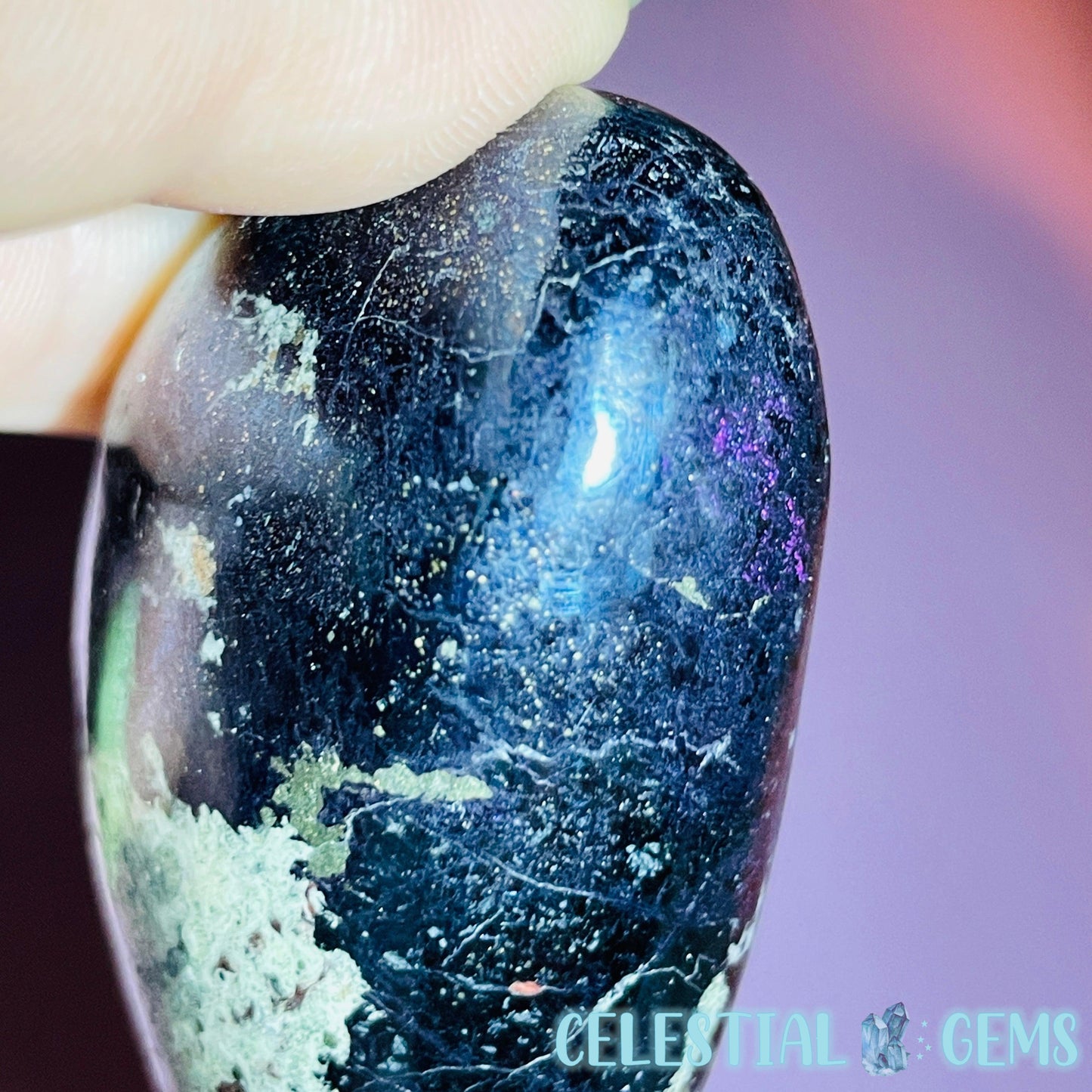 Rare Covellite Metallic Palmstone with Pink Fire Flash! (Video)