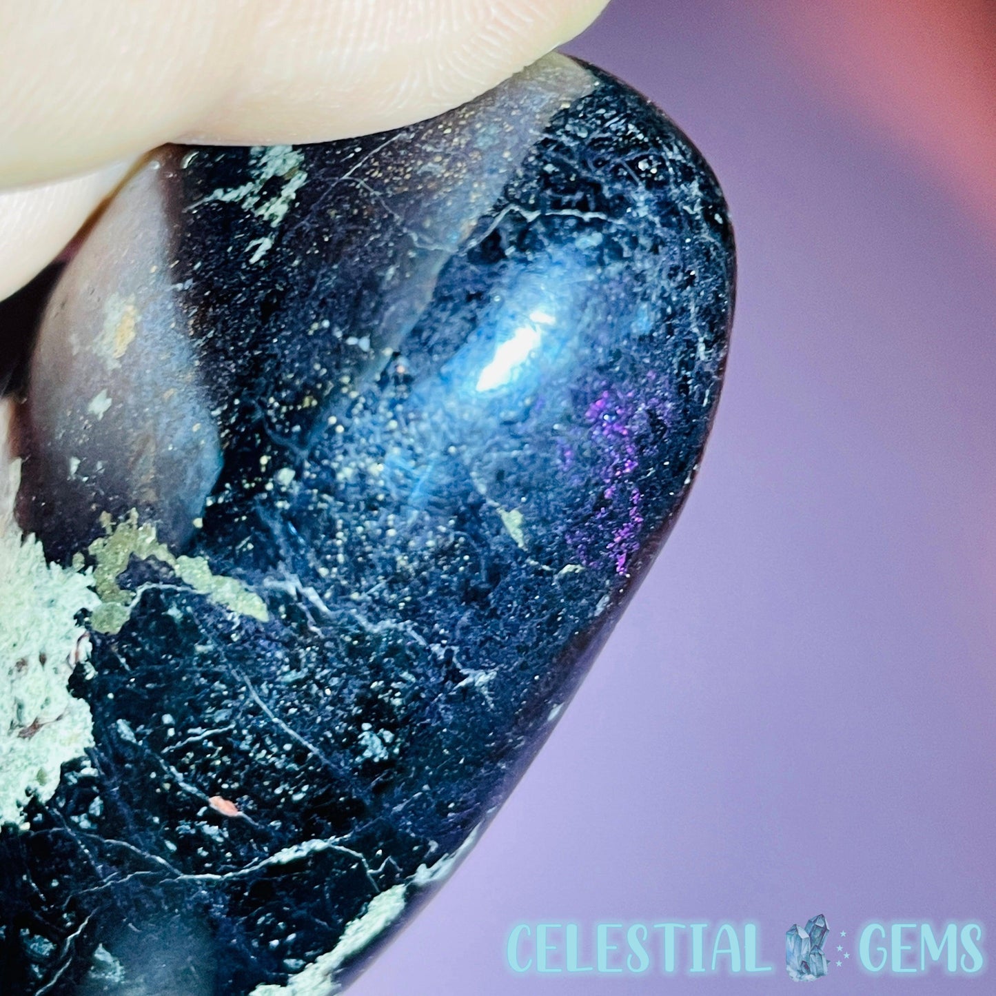 Rare Covellite Metallic Palmstone with Pink Fire Flash! (Video)