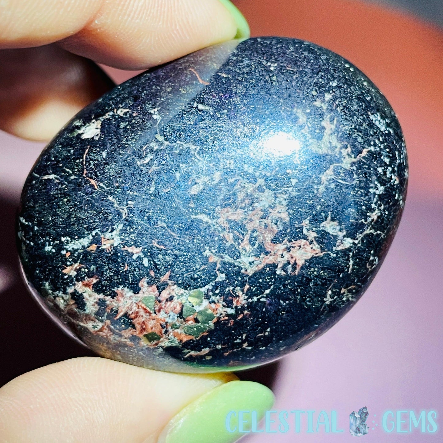 Rare Covellite Metallic Palmstone with Pink Fire Flash! (Video)