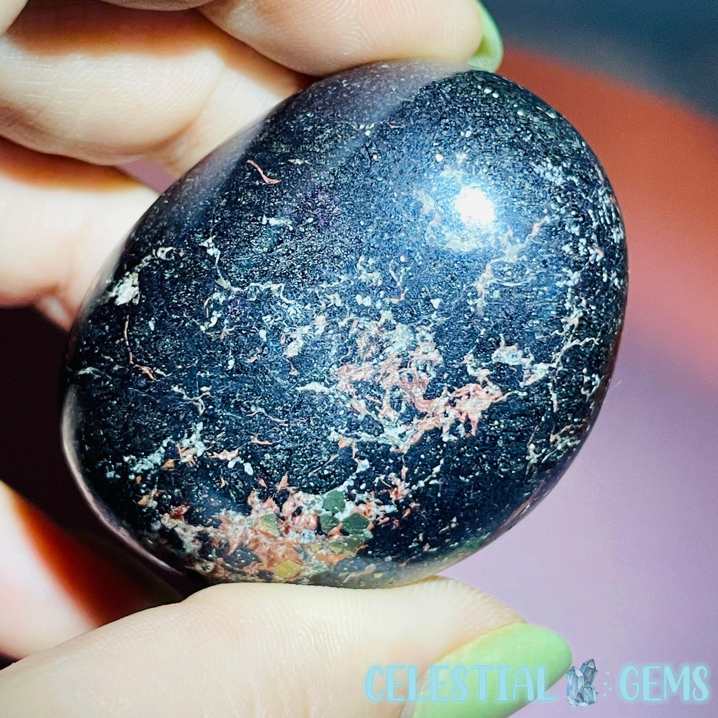 Rare Covellite Metallic Palmstone with Pink Fire Flash! (Video)