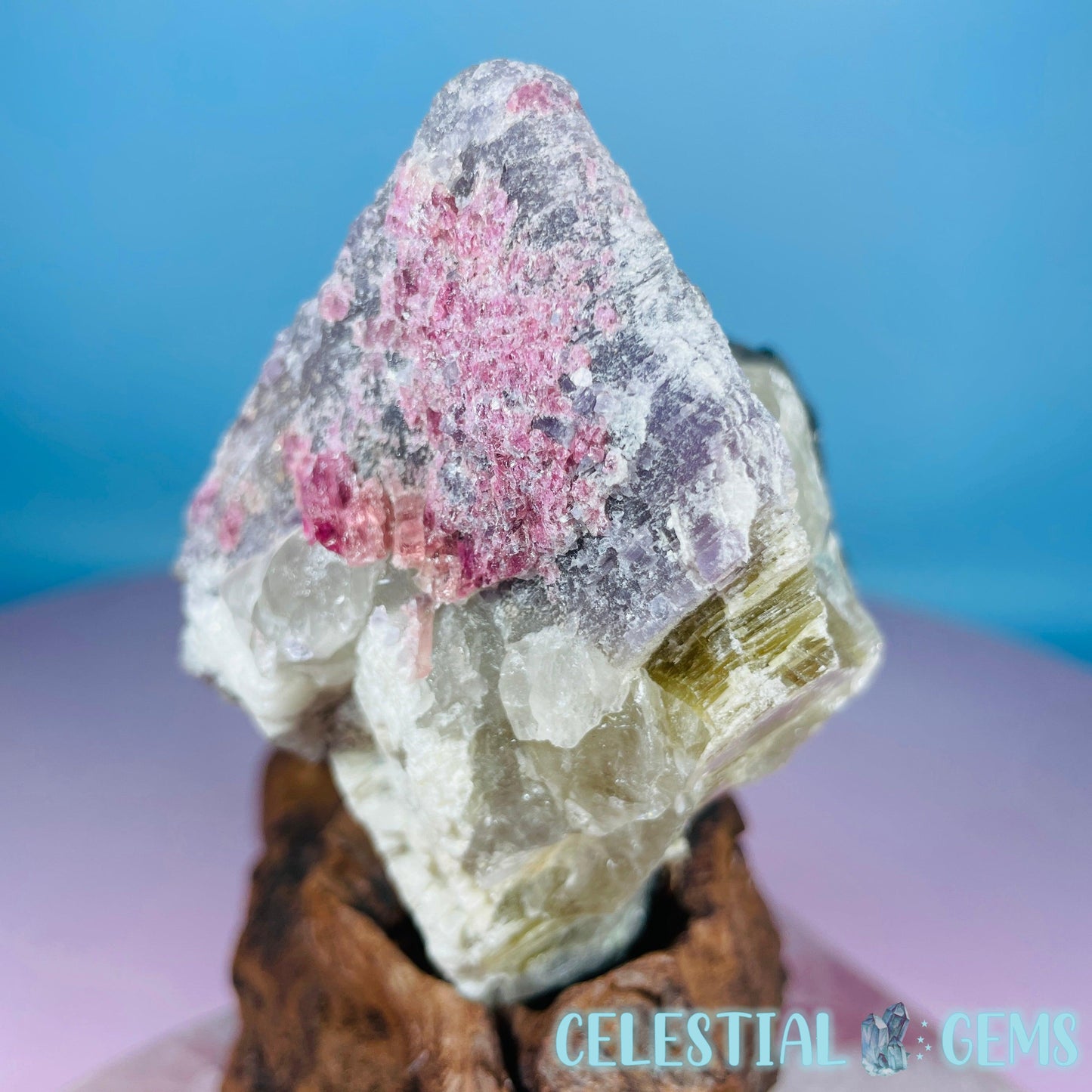 Pink + Black Tourmaline in Smoky Quartz with Lepidolite + Muscovite Raw Medium Chunk Specimen
