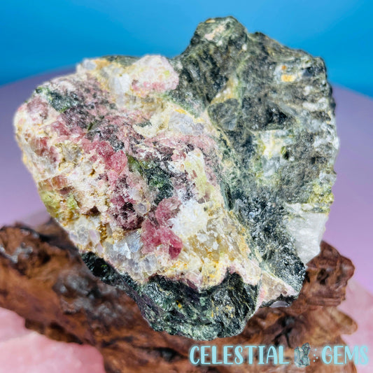 Pink, Green + Black Tourmaline in Smoky Quartz with Albite + Lepidolite Raw Medium Chunk Specimen