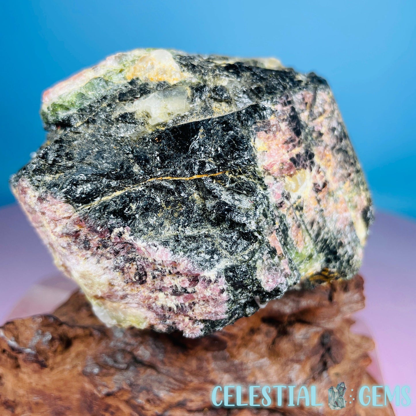 Pink, Green + Black Tourmaline in Smoky Quartz with Albite Raw Medium Chunk Specimen