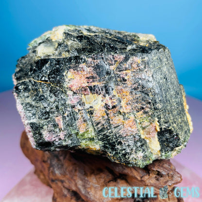 Pink, Green + Black Tourmaline in Smoky Quartz with Albite Raw Medium Chunk Specimen