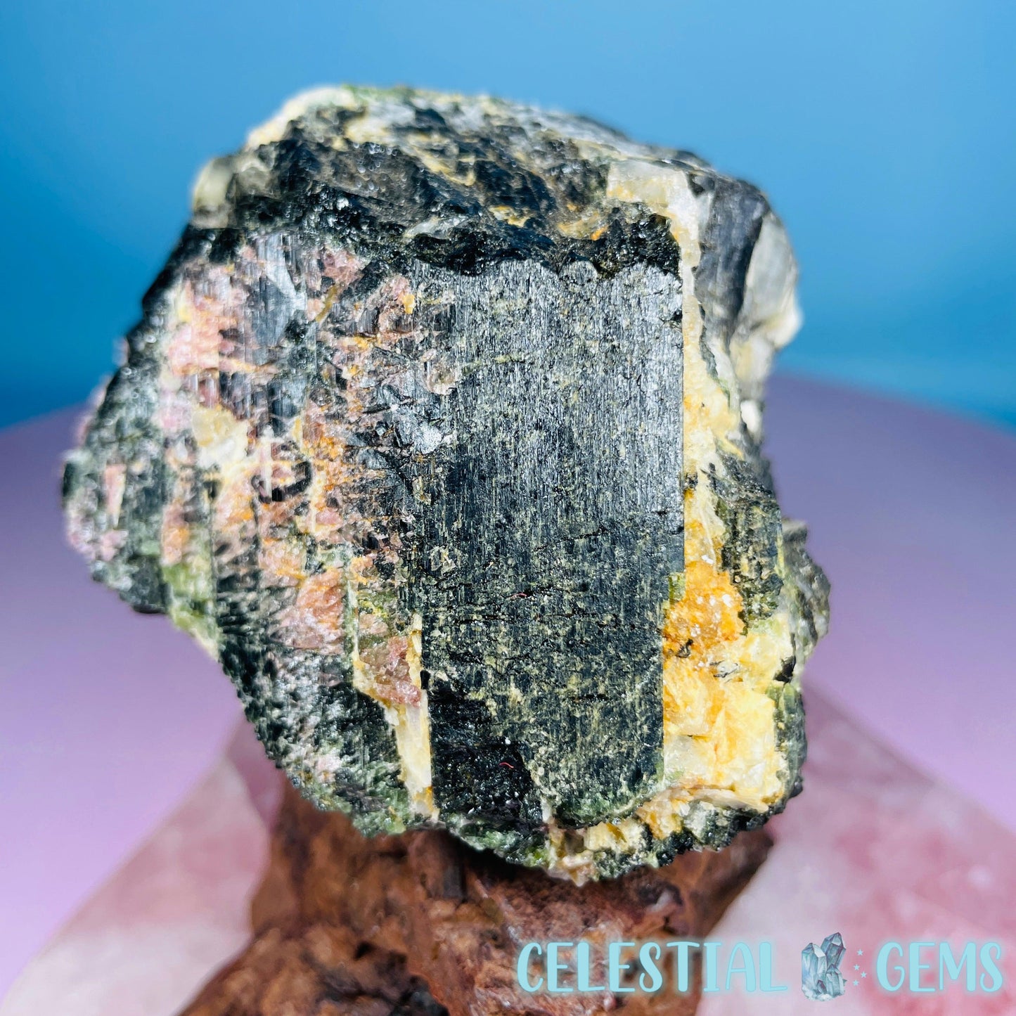 Pink, Green + Black Tourmaline in Smoky Quartz with Albite Raw Medium Chunk Specimen