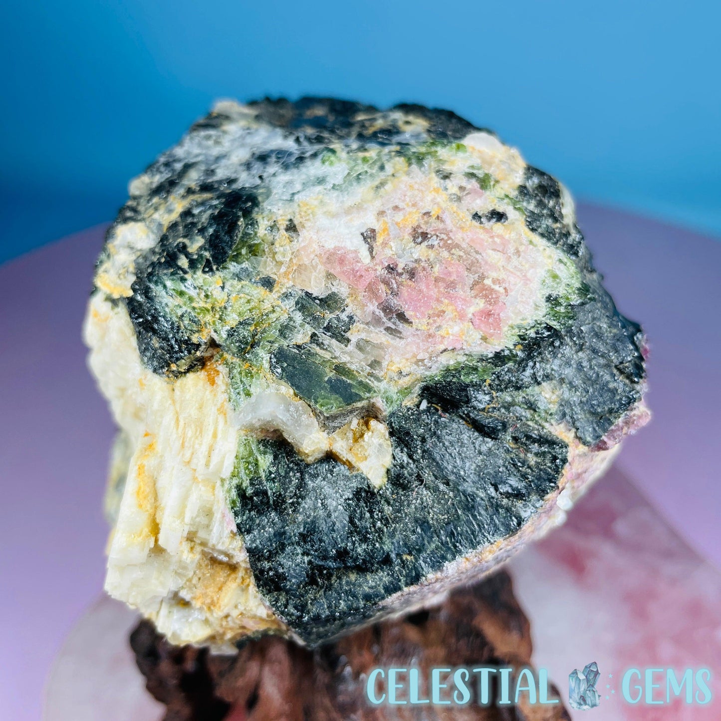 Pink, Green + Black Tourmaline in Smoky Quartz with Albite Raw Medium Chunk Specimen