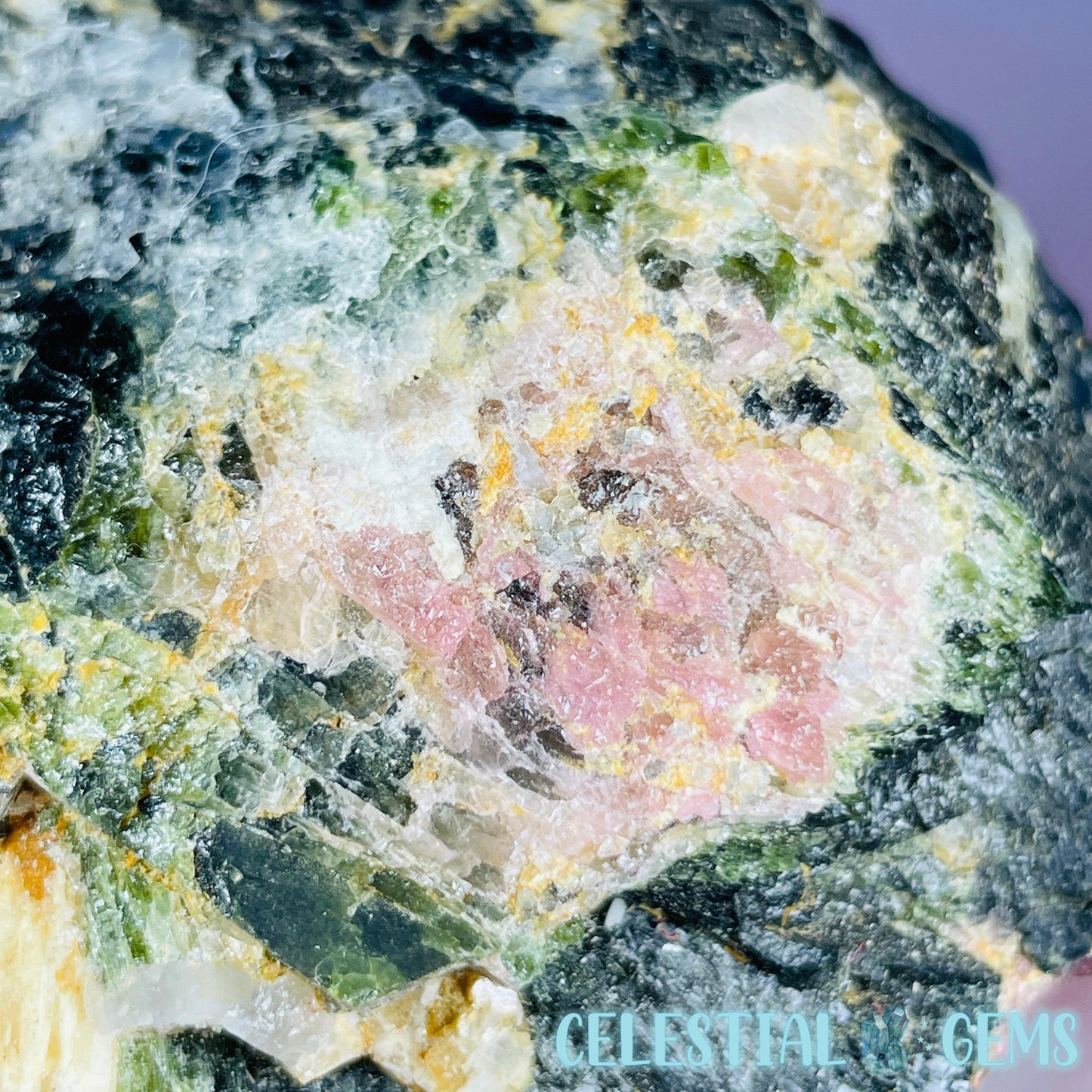Pink, Green + Black Tourmaline in Smoky Quartz with Albite Raw Medium Chunk Specimen