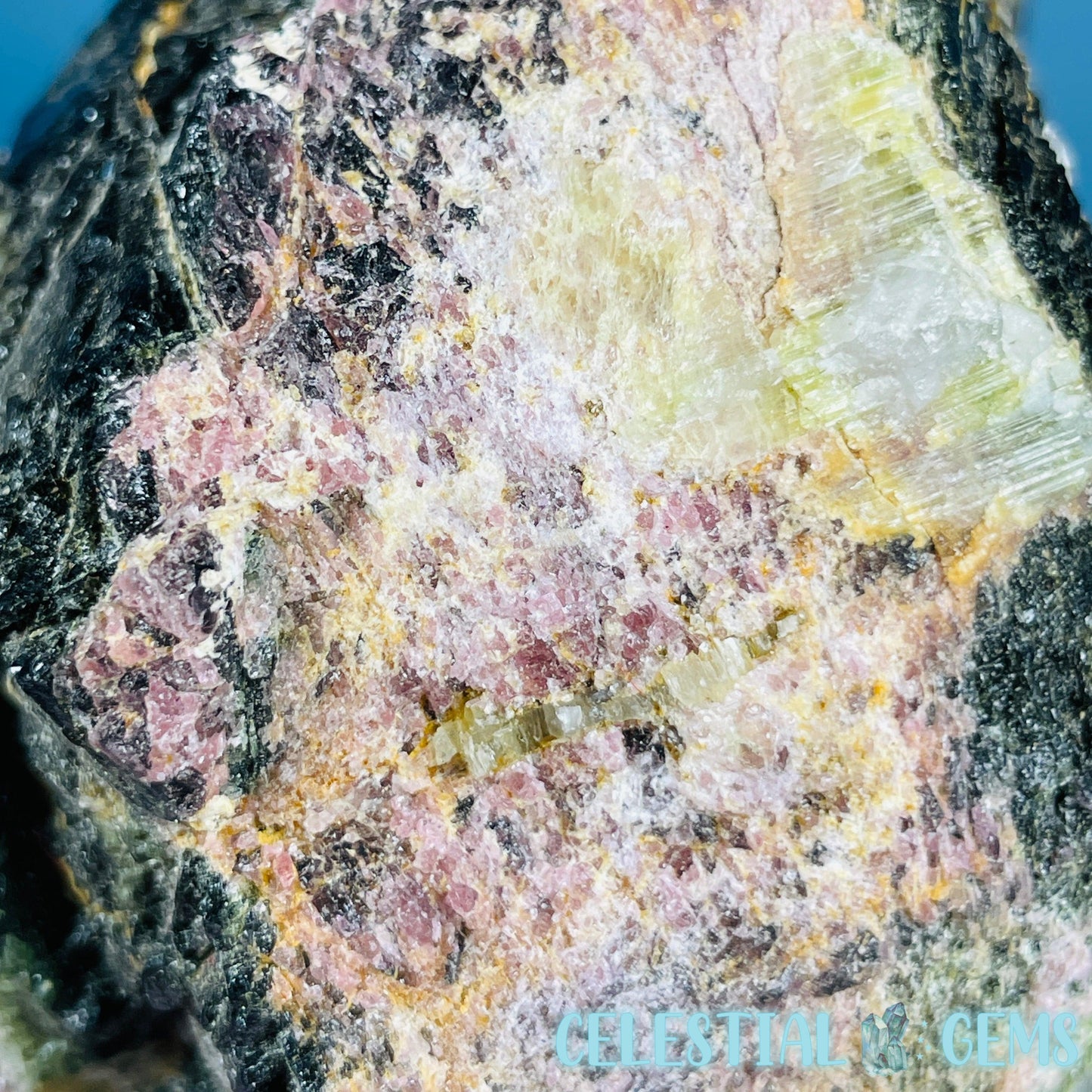 Pink, Green + Black Tourmaline in Smoky Quartz with Albite Raw Medium Chunk Specimen