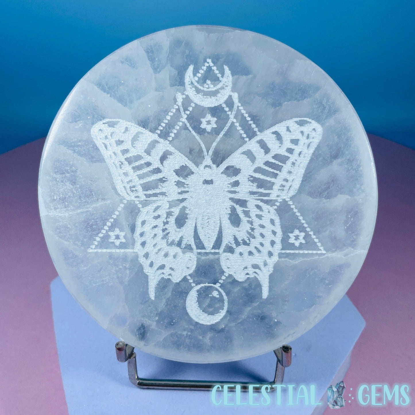 Selenite (Satin Spar) Etched Butterfly Round Cleansing Plate 10cm