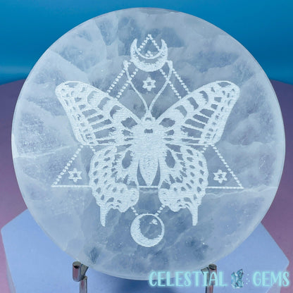 Selenite (Satin Spar) Etched Butterfly Round Cleansing Plate 10cm